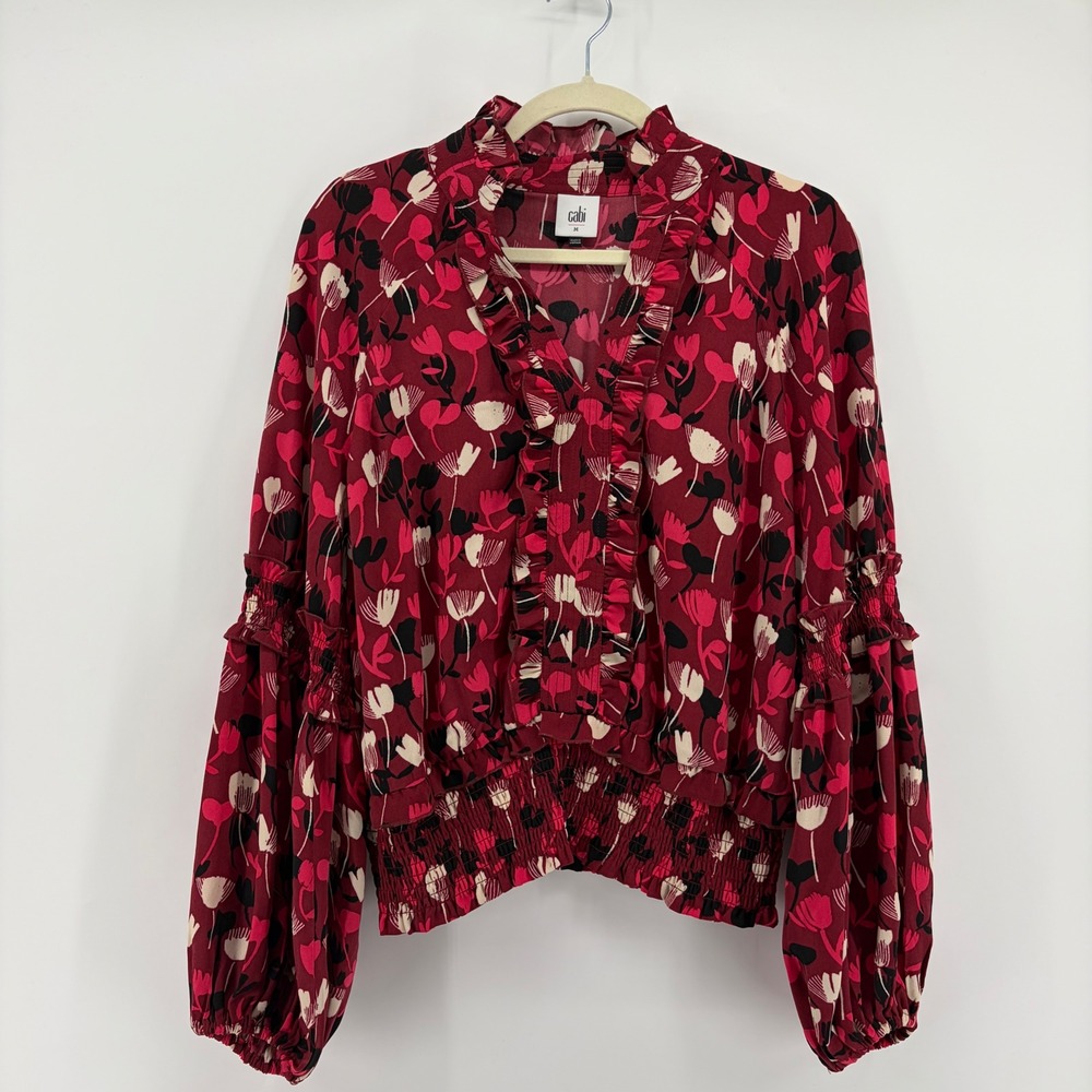 Cabi Women's Floral Print Long Sleeve Smocked Waist Ruffle Blouse Size M